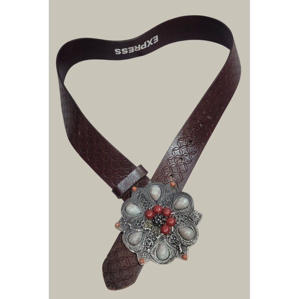 Express Leather Belt Boho Western Southwestern Floral Medallion Buckle Brown S